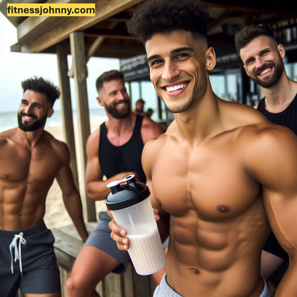 Grupo de chicos atleticos tomando su batido en la playa