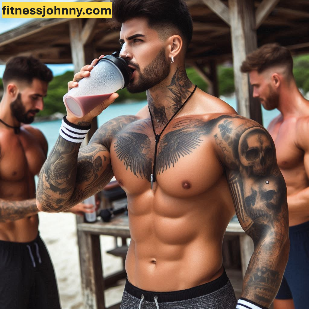 Un joven atletico tomando su shaker de cetrulina antes de empezar a entrenar