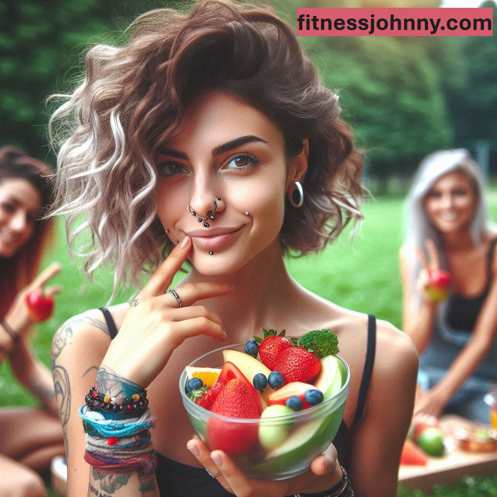 chica con tattoo comiendo un ensalda de frutas