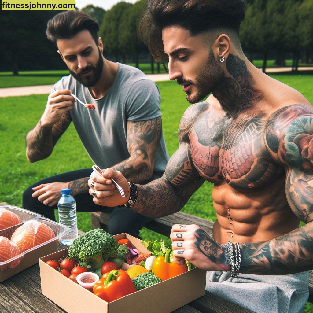 chicos atleticos haciendo dieta vegatariana en el parque